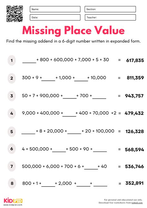 Grade 4 Math Worksheets: Find the missing place value ( 6.